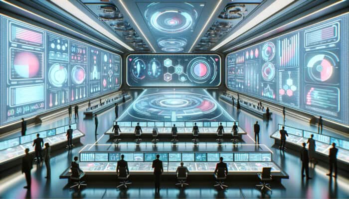 A futuristic control room with screens displaying virtual assistants' performance metrics and KPIs.