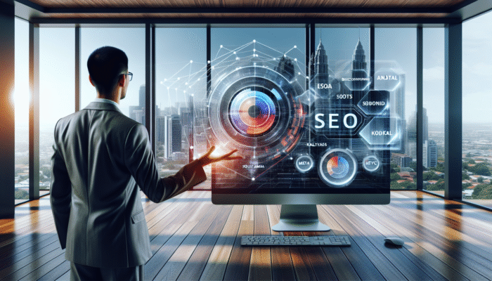 A digital marketing expert analysing SEO analytics on a computer, focusing on meta descriptions and local keywords in a modern office with city view.