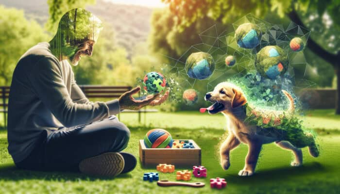 A joyful owner and energetic puppy playing fetch and tug-of-war in a park, strengthening their bond.