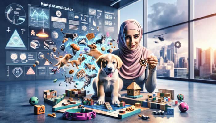 A puppy and owner engaging in various mental stimulation activities including puzzles, hide-and-seek, obstacle courses, and clicker training.