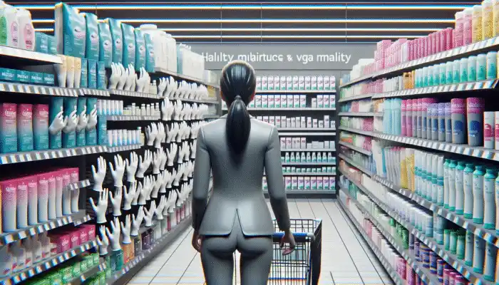 A shopper inspecting different sizes and brands of nitrile gloves in a supermarket aisle.
