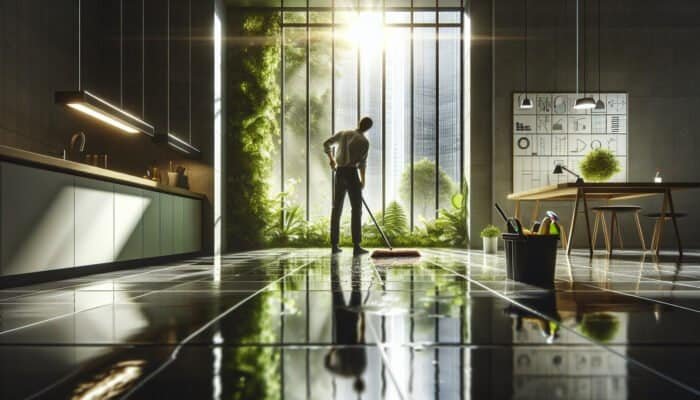 Individual in West Dunbartonshire cleaning slate floors using eco-friendly solutions, surrounded by natural light and greenery.