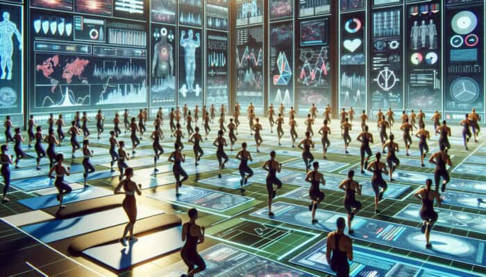 Diverse virtual assistants participating in personalised fitness challenges in a modern, accessible virtual environment.
