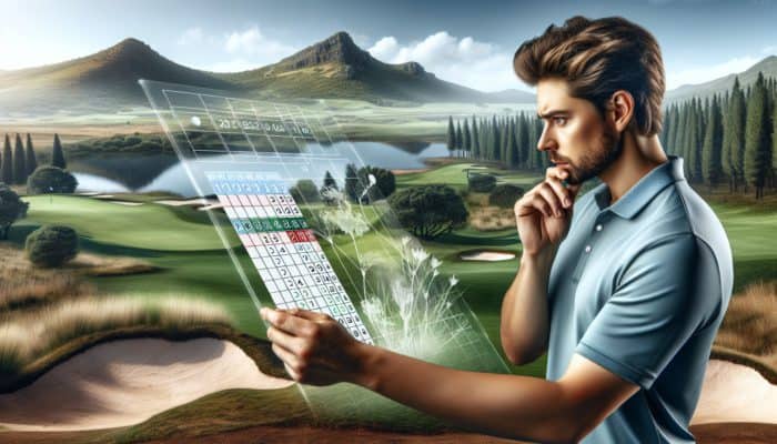Golfer studying a South African golf course scorecard, adjusting strategy based on course and slope ratings.