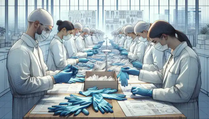Professionals in Croydon reviewing a catalogue to order high-quality disposable vinyl gloves.