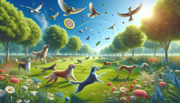 Energetic dogs engaged in fetch with frisbees and balls in a vibrant park under a clear sky.