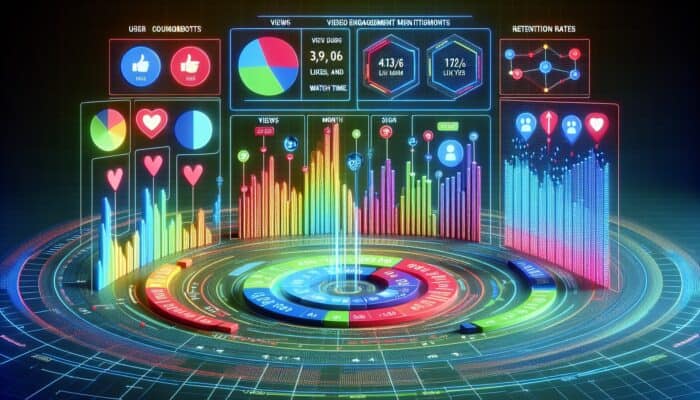 A digital dashboard displaying graphs of video engagement metrics by user sign-up month, focusing on retention rates.