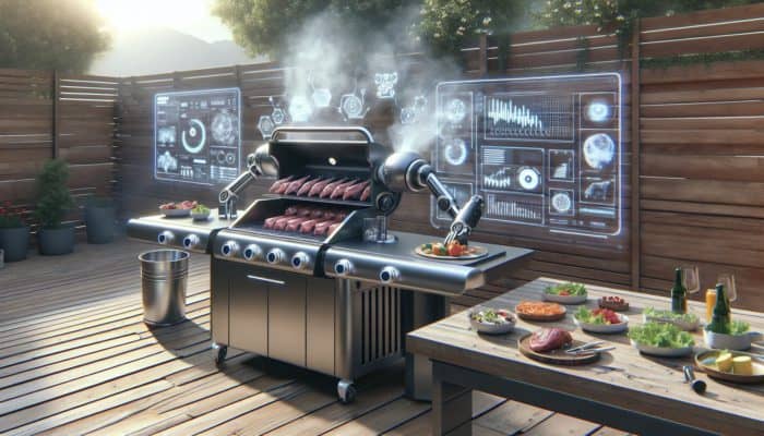Futuristic BBQ setup with AI tools like SmartTrim Pro and AutoButcher 3000 for precise meat trimming, showing real-time feedback on digital interfaces in a smoky outdoor environment.
