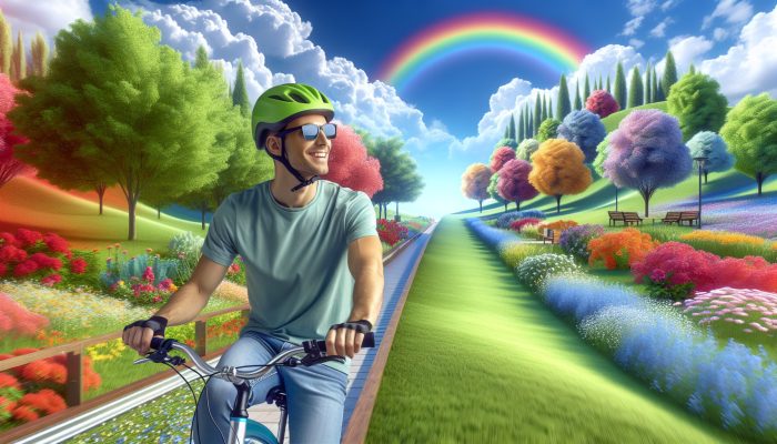 A man cycling in a vibrant park, smiling, symbolizing mental clarity and stress resilience.