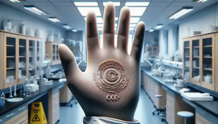 A hand wearing a CE-marked vinyl glove with manufacturer details and ratings, in a Cambridge lab.