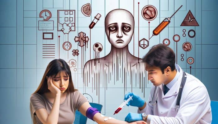 A person receiving a ferritin blood test, looking concerned, with symbols of fatigue and anemia in the background.