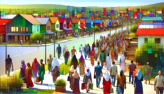 A bustling Giyani town scene with new housing, modern infrastructure, and diverse crowd symbolising growth and development.