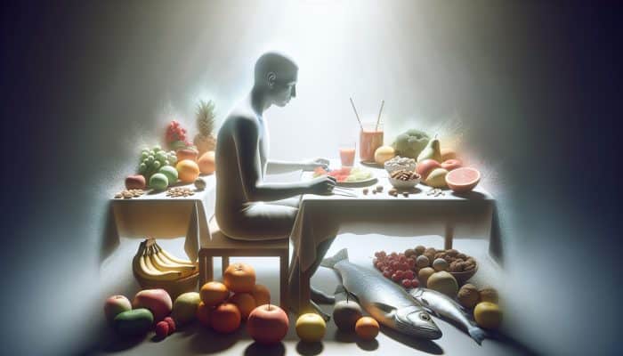 Nutrition for Grief Support: A person at a table with fruits, nuts, and fish, bathed in comforting light, symbolising dietary support in managing grief.
