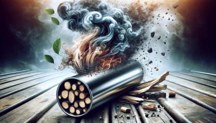 Stainless steel smoke tube with smouldering wood chips and swirling smoke on a barbecue grill.