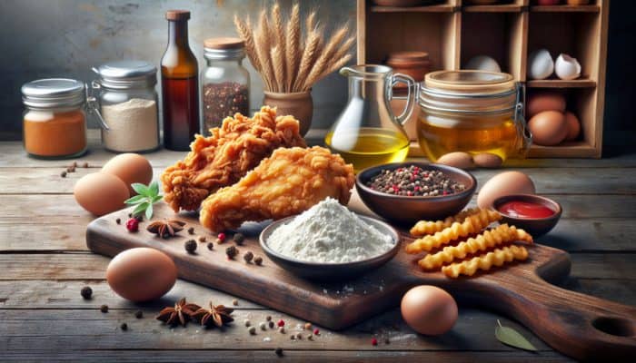 Fried chicken with thin, airy, and thick, crunchy batter, displayed in a rustic kitchen with ingredients.