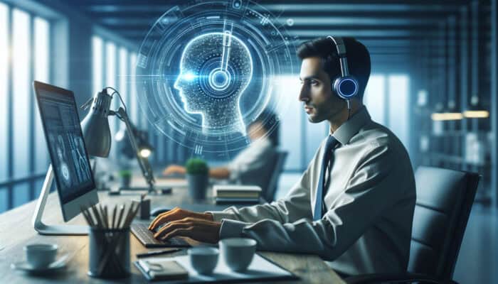 A professional workspace with a human virtual assistant, schedules, and screens showing expert advice on meeting deadlines.