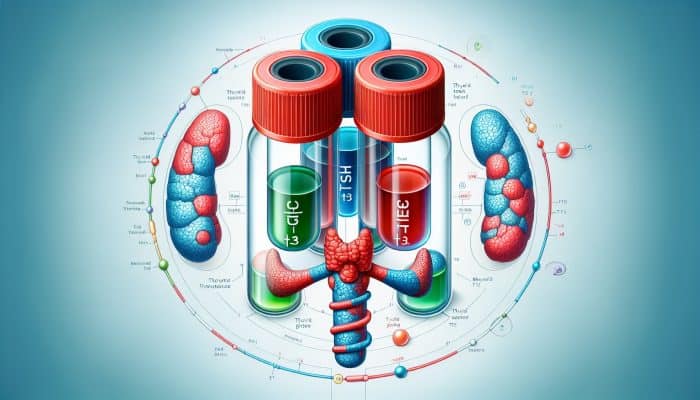 Thyroid Blood Test in Telford: Illustration of thyroid blood test vials labelled TSH, T3, T4, with thyroid gland and metabolism background.