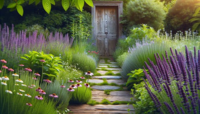 A picturesque garden path lined with herbs like lavender, chamomile, and mint, leading towards an ancient wooden door.