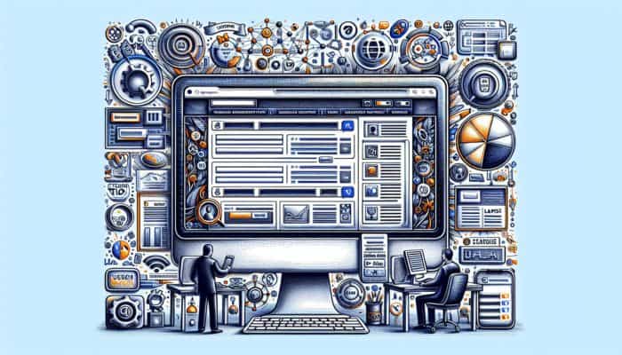 On-Page SEO in Plymouth for Small Business: A computer screen showcasing a website with SEO features highlighted and surrounded by search engine and user engagement icons.