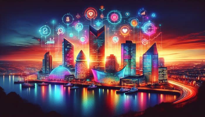 A stunning Plymouth cityscape at sunset with glowing neon SEO keywords hovering above modern buildings.