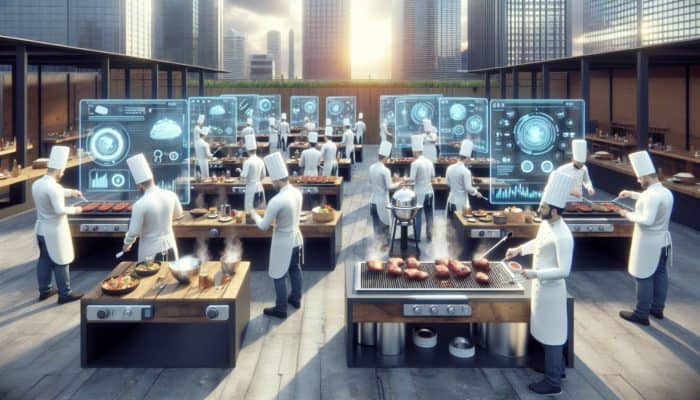 Chefs employing AI technology at a professional BBQ competition to refine their recipes and assess various cooking methods.