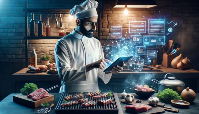 A chef using AI on a tablet to develop BBQ recipes in a contemporary kitchen equipped with grilling tools and meats.