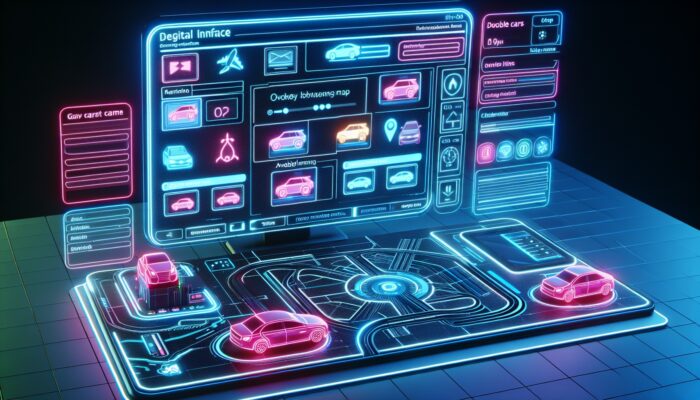 Futuristic digital interface with neon-coloured cars on an interactive map for online booking.