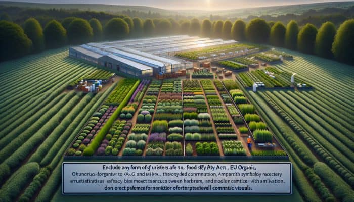 A UK herb farm showcasing organic cultivation and adherence to GACP, Food Safety Act, EU Organic, and MHRA regulations.