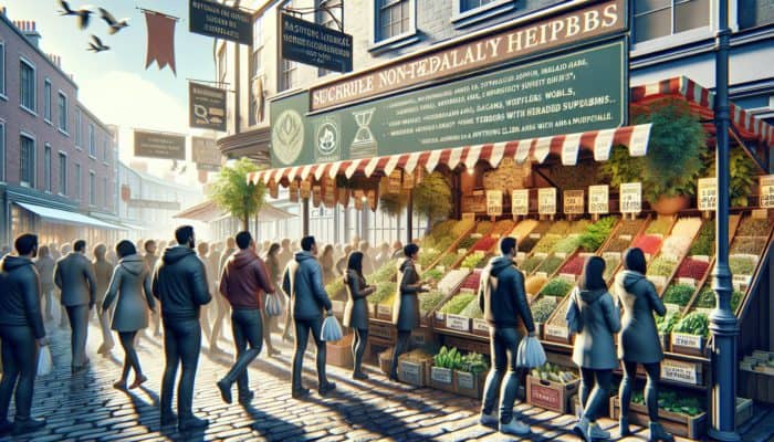 A bustling UK market stall displaying fresh herbs and a sign indicating a reputable supplier, surrounded by happy customers.