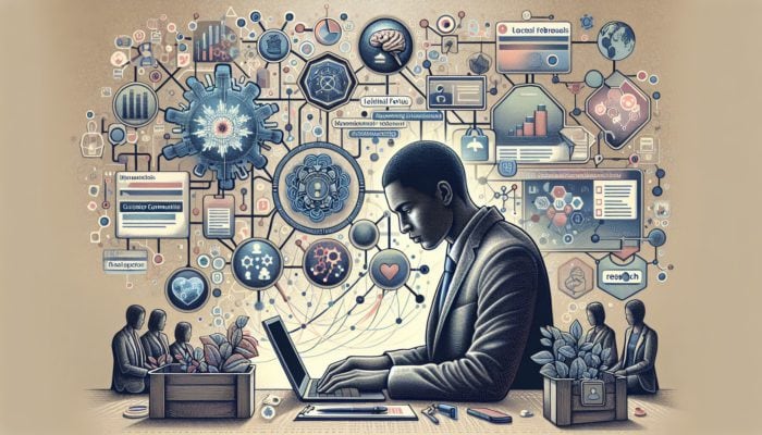 An individual researching supplier reviews on a laptop with multiple tabs open, including industry forums, trade associations, and consumer review sites.