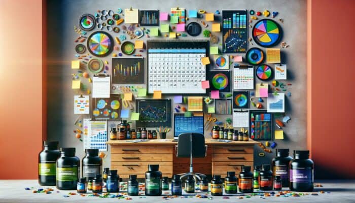 A desk decorated with a calendar, sticky notes, and supplement containers, symbolising strategic content planning in the supplement sector.