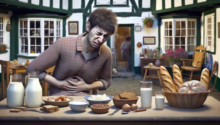 Food Intolerance Blood Test in Aldershot: Individual experiencing bloating and discomfort at a dining table with dairy, gluten, and nuts in a UK kitchen, appearing uneasy and confused.