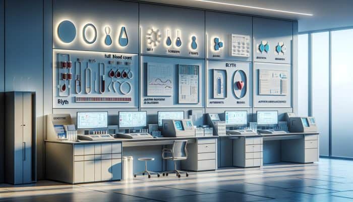 Modern laboratory in Blyth featuring advanced automated blood analyzers and screens displaying precise full blood count results.