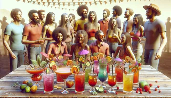 Colourful Jive Turkey cocktails with fruit and herb garnishes at a lively 1970s-themed social gathering.
