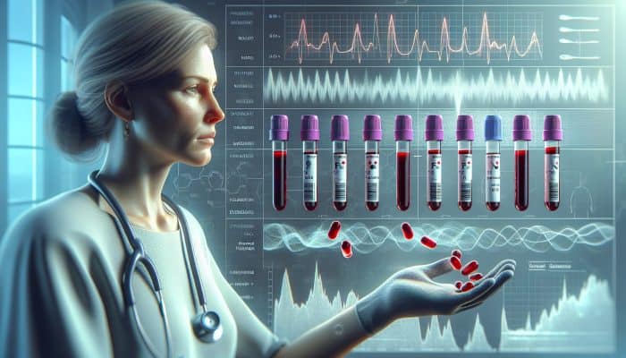 Menopause Blood Test in Cramlington: A woman undergoing a menopause blood test with vials labelled FSH and oestrogen, hormonal graphs, and symptoms depicted.
