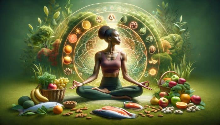 A woman practising yoga in a garden, surrounded by health symbols and a soft glow.
