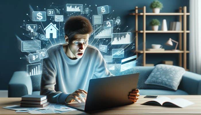 Evaluating Debt Consolidation Loan Offers in the UK | DCL Person reviewing credit report on laptop, surrounded by financial documents, looking worried in home office.