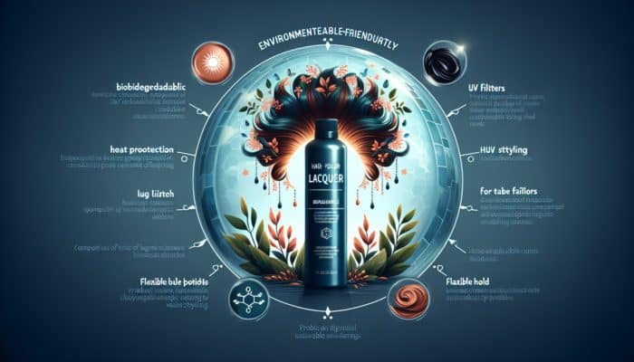Eco-friendly hair lacquer with heat protection, UV filters, and flexible hold options in sustainable packaging.