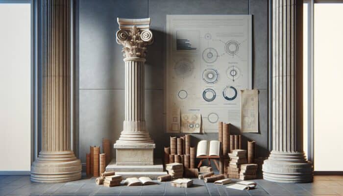 A majestic ancient stone pillar at a serene corner, surrounded by scrolls and books, symbolising expert-crafted cornerstone content.
