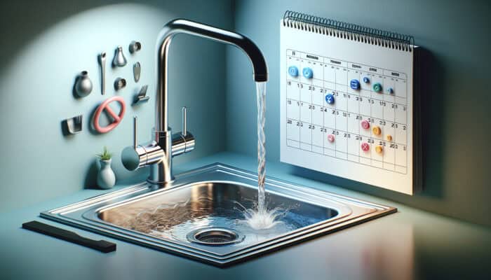 Drain Cleaning Services in Burnaby: A modern kitchen sink displaying clear water flow, accompanied by a calendar highlighting the necessity of regular drain cleaning for health and cost savings.