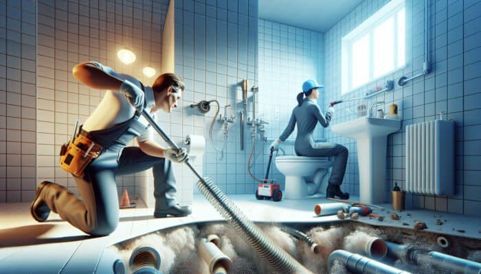 A plumber utilising a flexible auger while another employs hydro jetting in a modern bathroom to clear pipe blockages.
