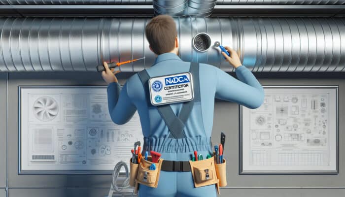 Certified duct cleaning technician in blue uniform using specialized tools, displaying NADCA certification badge.