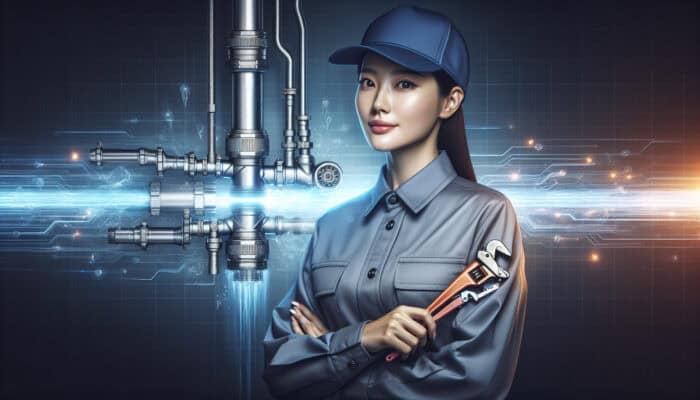 A skilled plumber employing advanced tools to repair and maintain a modern drainage system in a professional environment.