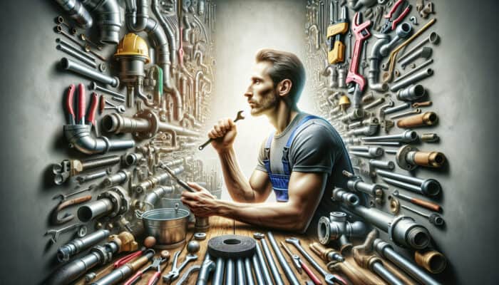 A plumber reviewing a checklist in a well-organised workshop to select the ideal drain service.