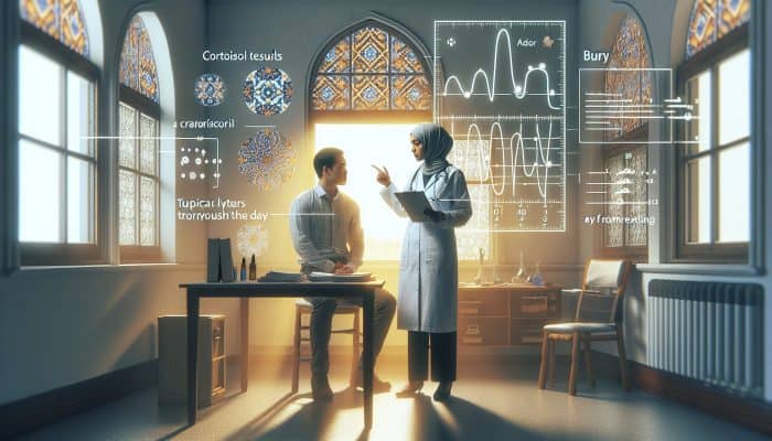 A doctor in Bury discusses cortisol test results using a graph, with morning sunlight illuminating the room.