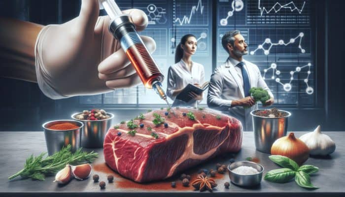 A meat injector injecting marinade into a steak, surrounded by herbs and spices, with chefs discussing in the background.