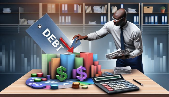 Debt Consolidation Loan APR Breakdowns: UK Guide | DCL A person organising colourful debt documents into a "Consolidation Loan" folder, with a calculator displaying decreased interest rates, in a contemporary UK office.