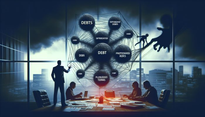 Debt Consolidation Loan APR Breakdowns: UK Guide | DCL A person in a dimly lit office, entangled in complicated debts, confronting consolidation risks.