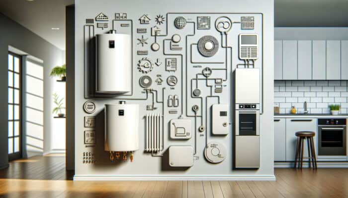 Water Heater Services in Port Coquitlam: A modern kitchen showcasing three types of water heaters labeled: tankless, traditional tank, and eco-friendly heat pump.