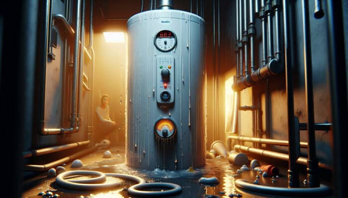A malfunctioning water heater showing leaks, sediment, and fluctuating gauges in a dimly lit utility room; a concerned homeowner stands nearby.